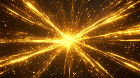 Bright glowing golden lines radiating outward from the center of a dark background, creating an energetic, abstract design.の素材