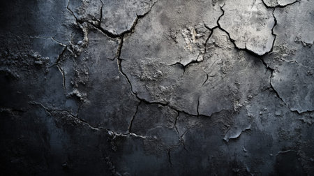A cracked concrete wall with a rough, aged texture. The surface is darkened in areas, with jagged cracks spreading across the surface, creating an urban, industrial feel.の素材