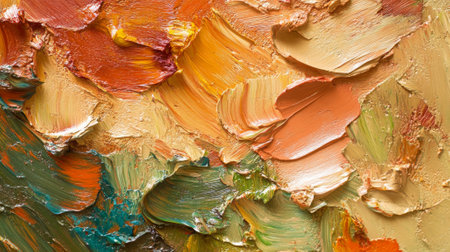 A rich oil paint texture in earthy tones of burnt orange, moss green, and golden yellow, with thick brushstrokes creating a warm, organic surface.の素材