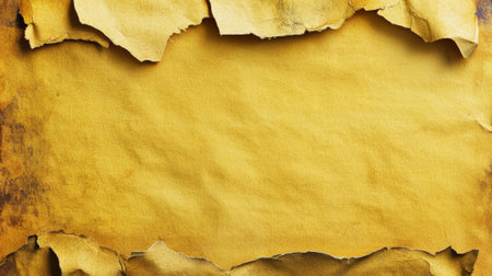 A weathered paper poster with mustard yellow paper exposed beneath jagged tears. The surface is rough with peeling corners, grime, and wrinkles, creating a grungy, worn-out texture.の素材