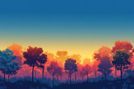 A vibrant autumn landscape with a gradient sky blending from a warm amber at the horizon to a deep twilight blue at the top. The trees are in various shades of fall colors that complement the gradient sky.の素材