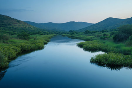 A tranquil river in a lush, green valley with a gradient sky shifting from a pale blue at the horizon to a rich, deeper blue above. The river_s surface mirrors the gradient, and the lush vegetation on .jpgの素材