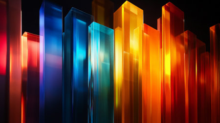 Colorful light passes through angular glass prisms, refracting into vivid spectrums of blue, orange, and red, set against a smooth, minimalistic black background.の素材