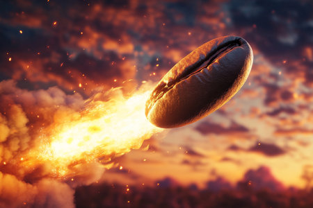 A coffee bean with tiny rocket boosters attached, propelling it through the sky with flames and smoke trailing behind. The scene is set against a vibrant sunset, with rich oranges and purples highlighting the bean s dynamic flight.の素材