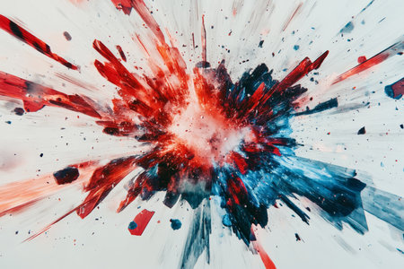 A 3D explosion with vivid reds and blues against a light, white background. The explosion s shards are translucent and shimmering, with rays of light emanating outward in a dramatic, explosive display.の素材