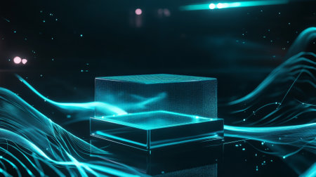 A minimalist product pedestal with a sleek, transparent surface and glowing cyan accents, floating in a futuristic metaverse with vibrant digital waves and shapes.の素材