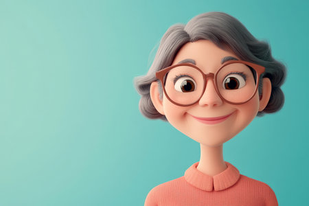 Senior Caucasian woman cartoon 3D character with glasses, gentle smile, standing against a soft pastel blue background, radiating kindness and calmness.の素材
