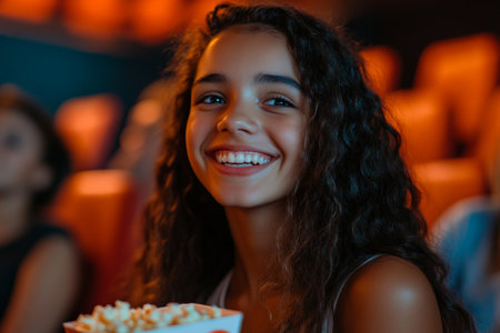 A Brazilian teenage girl, cheerful and excited, munching on popcorn while watching a comedy movie in a cinema. Her joyful expression fills the theater with warmth.の素材