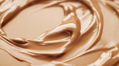 A liquid foundation cream in a medium caramel tone, featuring a smooth, creamy texture. The surface shows glossy reflections and gentle swirls, offering a polished, elegant appearance.の素材