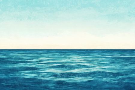 A coastal scene with a gradient background where the sky blends from a bright turquoise near the horizon to a deep indigo higher up. The ocean mirrors the gradient, with gentle waves transitioning through various shades of blue.の素材