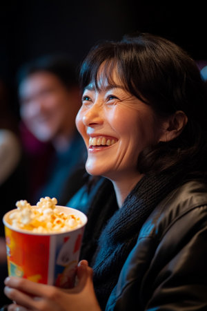 A Japanese middle-aged woman, cheerful and relaxed, enjoying popcorn while watching a comedy movie in a cinema. Her laughter and bright smile are captured in the theater s soft light.の素材