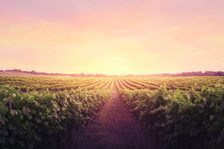 A serene vineyard with a gradient sky transitioning from a soft peach at the horizon to a rich, deep purple overhead. The rows of grapevines are subtly shaded with the gradient colors, enhancing the t.jpgの素材