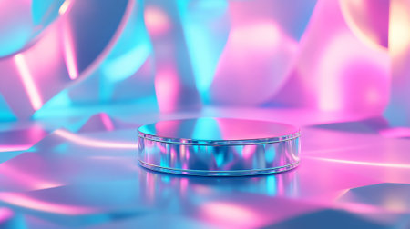 A minimalist, futuristic product stand with a reflective surface and soft cyan lighting, floating in a vibrant metaverse with abstract, glowing holographic shapes.の素材