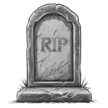 A flat-designed gravestone with a simple "RIP" engraving, drawn in gray and black tones, isolated on a white background.の素材