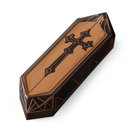 A flat-designed coffin with a cross engraved, rendered in brown and black tones, isolated on a clean white background.の素材
