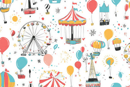 A fun doodle pattern with carnival rides, ferris wheels, and balloons in colorful, bold tones, designed for kids' wallpaper or fabric.の素材