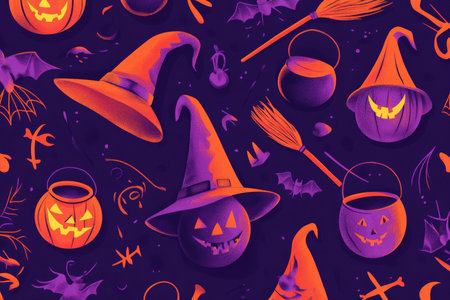 A Halloween element set with flat designs featuring witch hats, broomsticks, and cauldrons, in a simple style with vibrant orange and purple tones.の素材