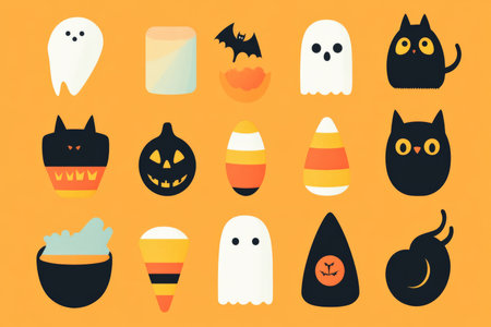 A set of flat Halloween icons with ghosts, candy corn, and black cats, illustrated in a playful style with bold, contrasting colors.の素材