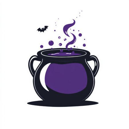 A simple flat design of a witch's cauldron bubbling over with purple potion, rendered in bold black and purple, centered on a white background.の素材