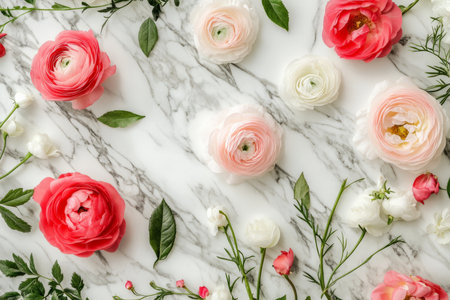 A romantic floral background with roses, ranunculus, and delicate greenery scattered across a white marble surface for an elegant, luxurious look.の素材