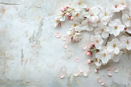 A soft pastel floral background with white and pink cherry blossoms floating against a pale, textured gray surface, creating a peaceful and dreamy atmosphere.の素材