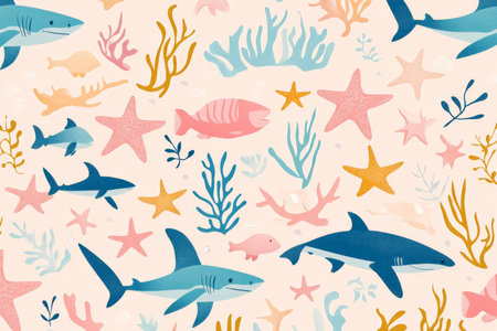 A playful seamless marine pattern featuring sharks, starfish, and seaweed in colorful pastels, ideal for fun ocean-themed prints.の素材