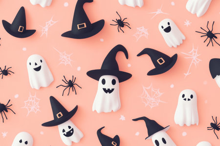 A cute Halloween pattern of mini witchesÃ¢â¬â¢ hats, smiling ghosts, and cute spiders on a pastel pink background, giving it a fun and playful feel.の素材