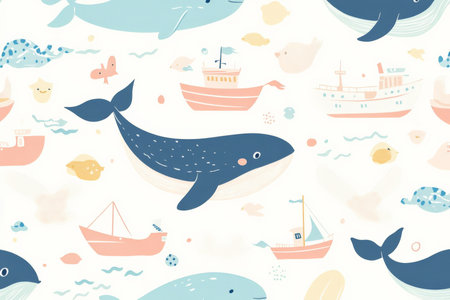 A playful seamless marine pattern featuring whales, seagulls, and ships in bright pastel colors for a fun sea-themed wallpaper or fabric.の素材
