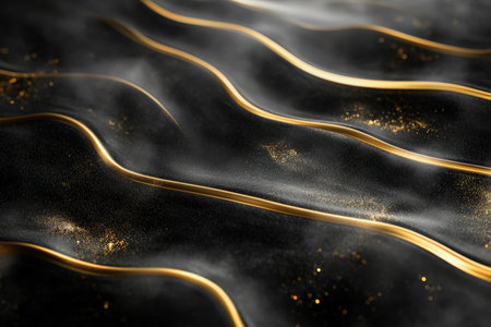 A luxury abstract background with shimmering gold lines curving over a matte black surface, creating a timeless and refined design.の素材