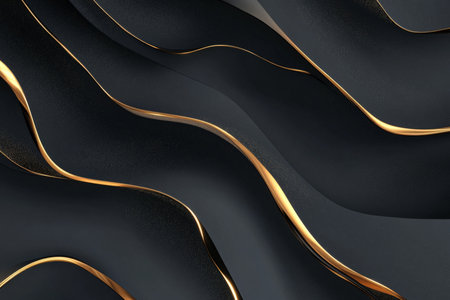 A luxury abstract background with golden lines softly weaving through a matte charcoal surface, creating a sleek and modern look.の素材