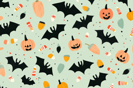 A cheerful Halloween pattern with playful bats, pumpkins, and candy corn scattered on a light green background, giving it a happy and festive vibe.の素材