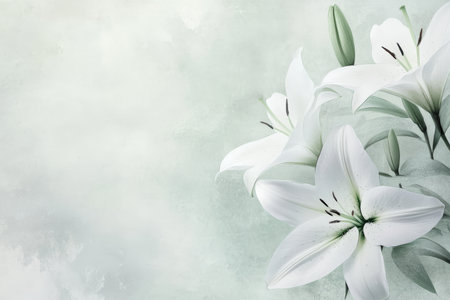 A calming floral background with soft white lilies arranged gracefully against a pale green and light gray background for a soothing and minimalist design.の素材