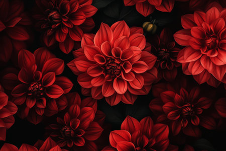 A bold floral background with large, crimson dahlias bursting in full bloom, set against a dark black background for contrast and drama.の素材