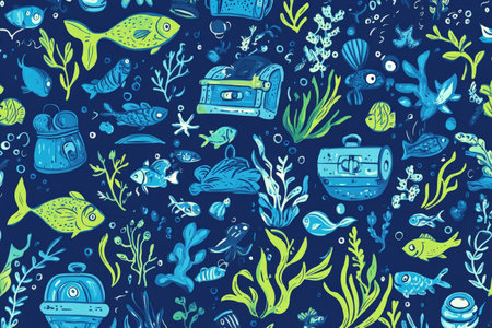 A fun doodle-style pattern with underwater treasures like treasure chests, seaweed, and fish in bright blues and greens, perfect for kids' fabric.の素材