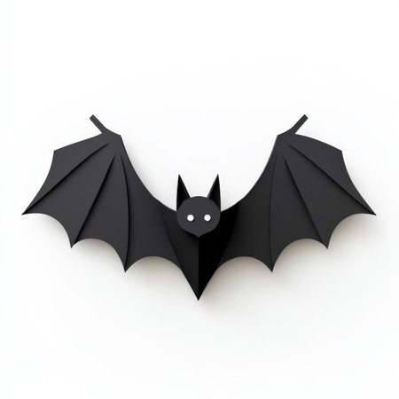 A simple, flat-designed bat with outstretched wings in bold black, isolated against a white background for a classic Halloween look.の素材