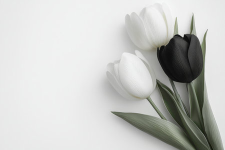 A modern floral background with bold black and white tulips on a minimalist white backdrop, creating a chic and contemporary design.の素材