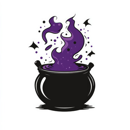 A simple flat design of a witch's cauldron bubbling over with purple potion, rendered in bold black and purple, centered on a white background.の素材
