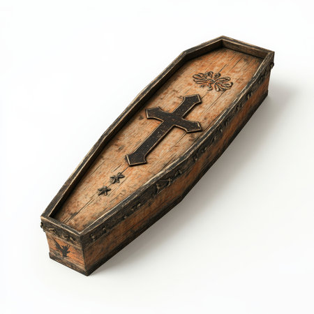 A flat-designed coffin with a cross engraved, rendered in brown and black tones, isolated on a clean white background.の素材
