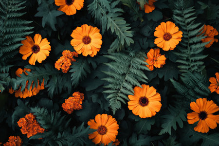 A fresh floral background of bright orange marigolds and green ferns against a rich black background, giving a bold and vibrant contrast.の素材