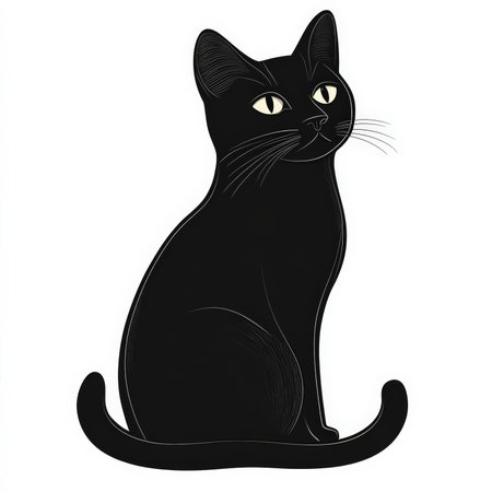 A black cat with an arched back, drawn in flat design style with solid black tones, isolated on a clean white background.の素材