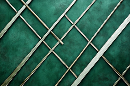 A luxury abstract background with sleek, metallic silver lines intersecting over a deep emerald green background, creating a chic, contemporary feel.の素材