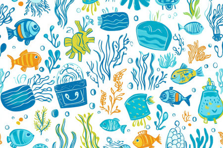 A fun doodle-style pattern with underwater treasures like treasure chests, seaweed, and fish in bright blues and greens, perfect for kids' fabric.の素材