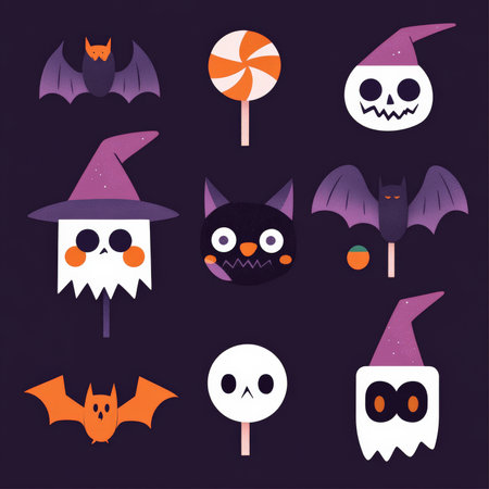 Flat Halloween characters collection featuring fun elements like candy, spooky bats, and eerie witches, in a minimalist and colorful design.の素材