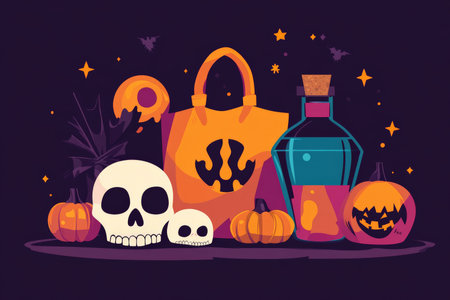 Flat design Halloween icons of trick-or-treat bags, skulls, and potion bottles, with minimal shading and a playful color scheme.の素材