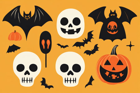 Flat design Halloween elements featuring bats, skulls, and jack-o-lanterns in a simple, bold style with solid colors for a modern feel.の素材