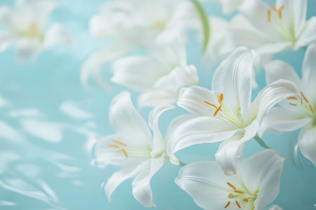A soft-focus floral background of white lilies scattered across a pastel blue background, evoking purity and tranquility.の素材