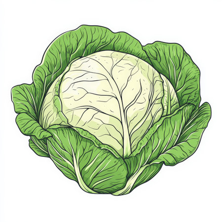 Flat illustration of a large cabbage head, drawn with bold lines and minimalistic shading, on a white background.の素材