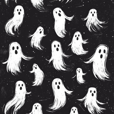 Hand-drawn repeating pattern of spooky ghosts floating around, rendered in simple white shapes on a dark black background, with minimal details.の素材