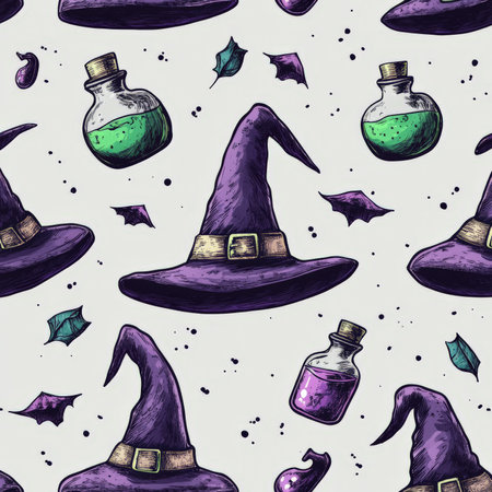 Repeating pattern of hand-drawn witch hats and potions, illustrated in bold purple and green tones, scattered across a light gray background.の素材