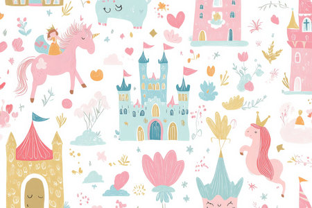 A vibrant doodle design featuring princesses, castles, and unicorns in playful pastels, ideal for childrenÃ¢â¬â¢s wallpaper or bedding.の素材